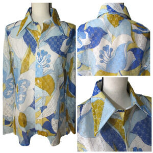 Vtg 60's Bud Burma Shirt Men's L Dagger Collar White Blue Gold Sheer Floral Lace
